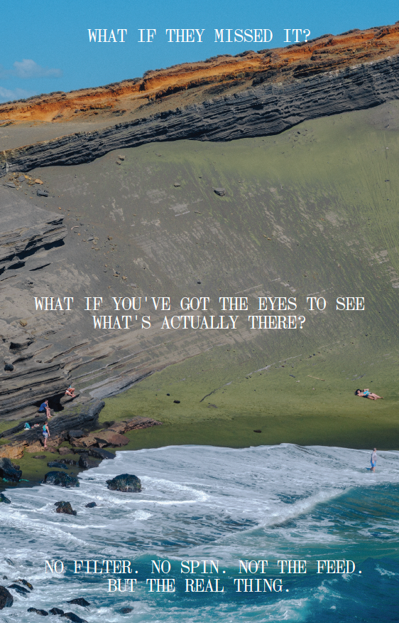 Scenic view of a coastal landscape with cliffs and ocean, featuring text overlay.